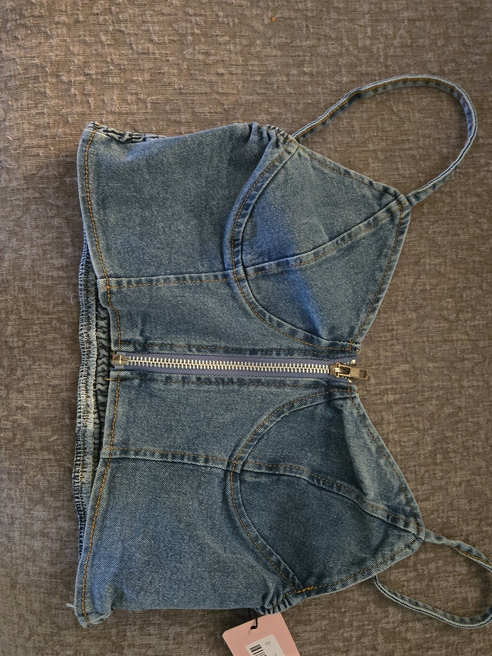 Denim Zip-Front Crop Top in Medium Blue